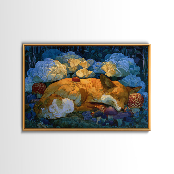Sleeping Fox Beside a Magical Mushroom Ring Framed Canvas Print, Fairy Tale Art, Abstract Art, Living Room Decor, Storybook, FTA-3x2-7