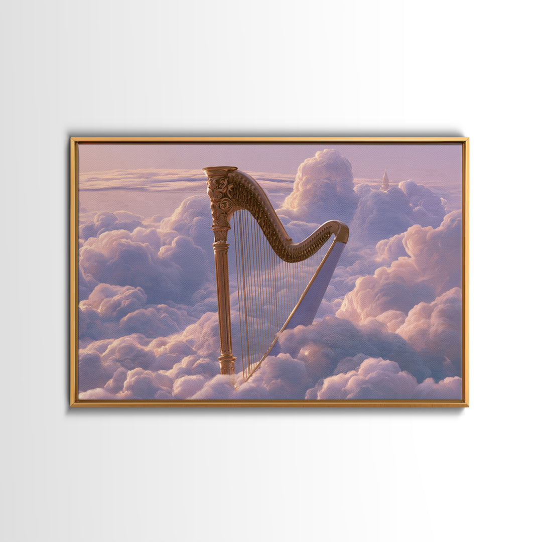 Golden Harp in a Cloud Kingdom Framed Canvas Print, Fairy Tale Art, Princess Wall Art, Living Room Decor, Oil Painting, FTA-3x2-74