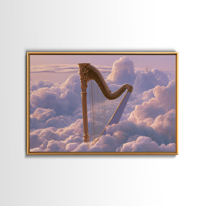 Golden Harp in a Cloud Kingdom Framed Canvas Print, Fairy Tale Art, Princess Wall Art, Living Room Decor, Oil Painting, FTA-3x2-74