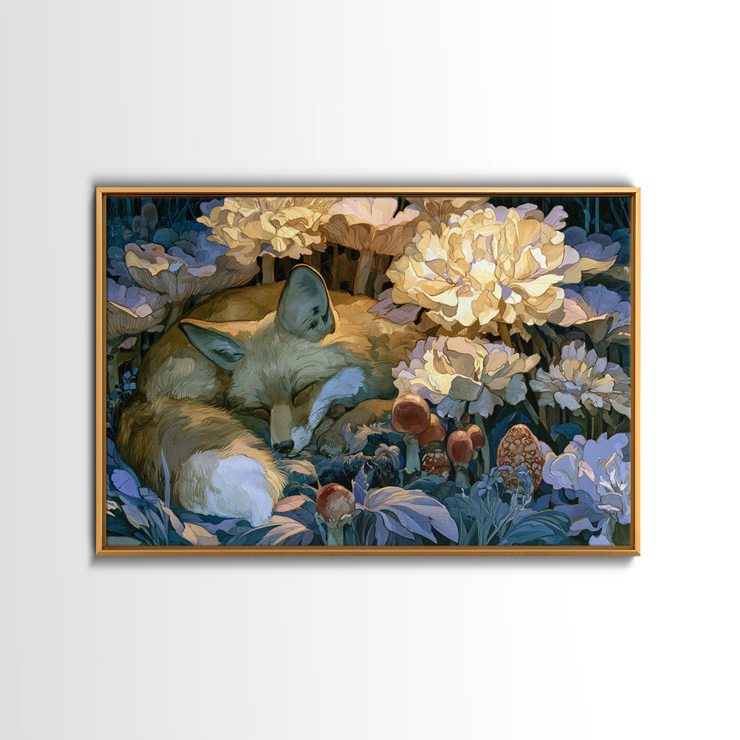 Sleeping Fox Beside a Magical Mushroom Ring Canvas Print, Fairy Tale Art, Luxury Decor, Living Room Decor, Storybook, FTA-3x2-79