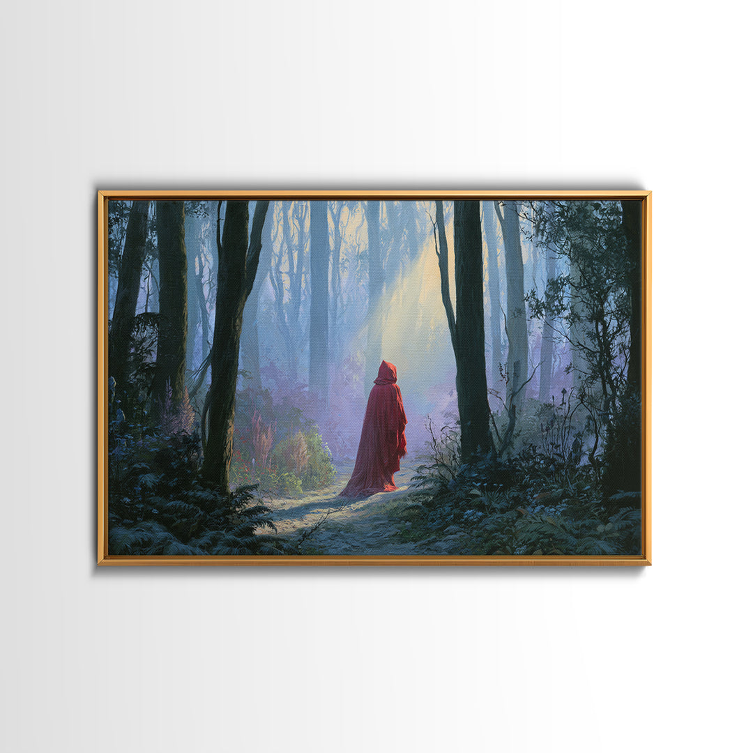 Red Cloak Figure Walking Through Dark Woods Canvas Print, Fairy Tale Art, Wall Decor, Living Room Decor, Fine Art, Storybook, FTA-3x2-84