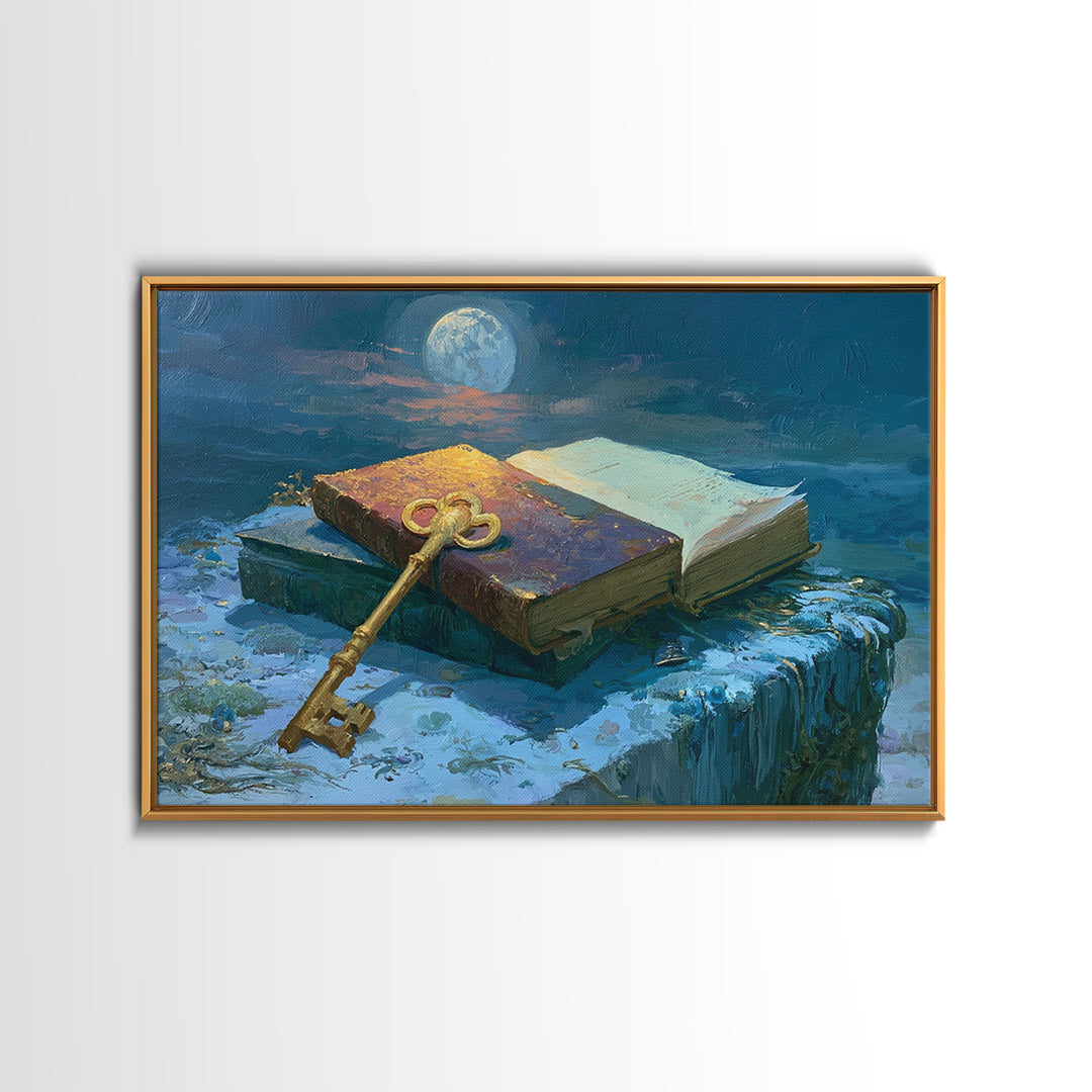 Golden Key and Enchanted Book Still Life Framed Canvas Print, Fairy Tale Art, Statement Artwork, Living Room Decor, Storybook, FTA-3x2-85