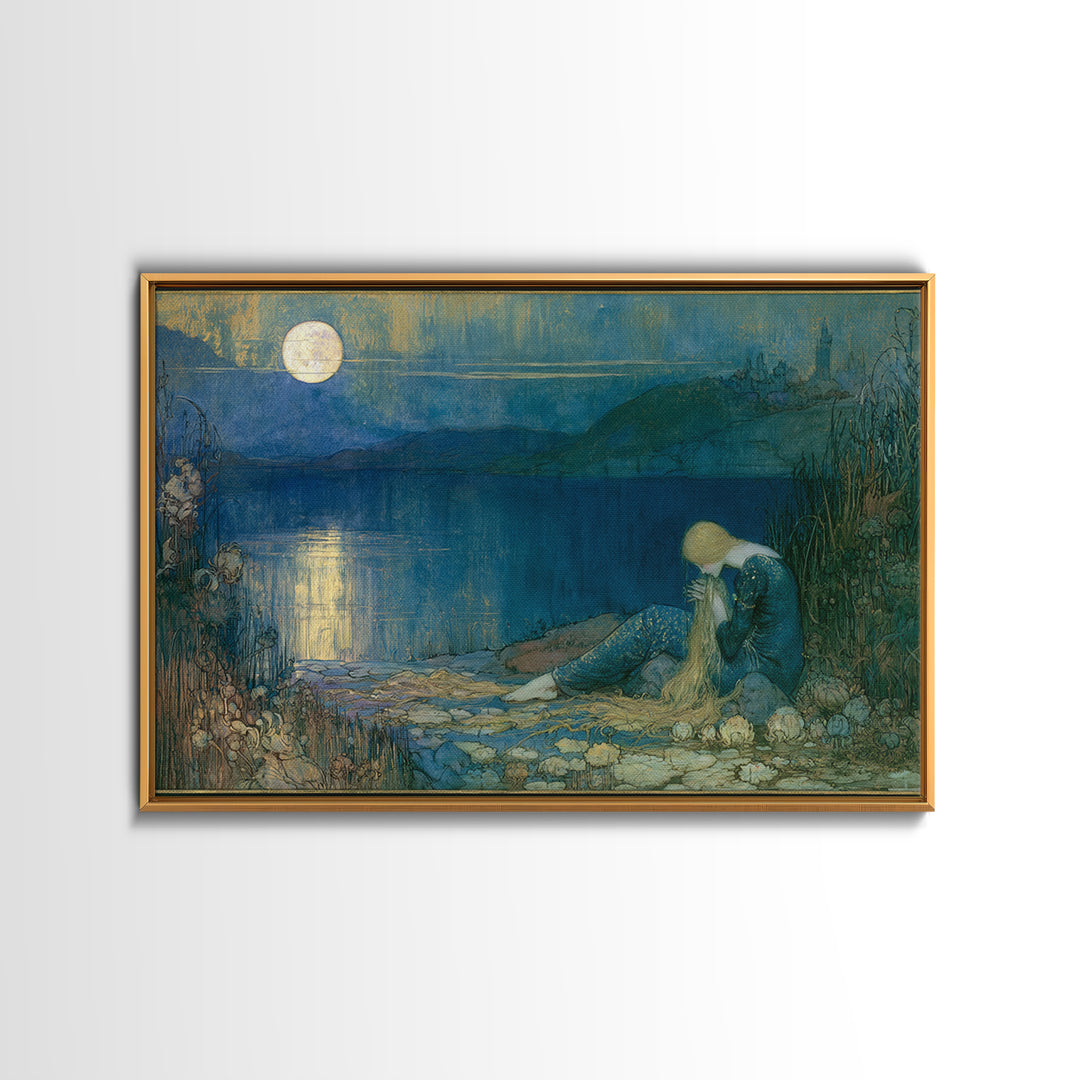 Mermaid Combing Hair Beneath a Pearl Moon Canvas Print, Fairy Tale Art, Painting, Living Room Decor, Fine Art, Storybook, FTA-3x2-88