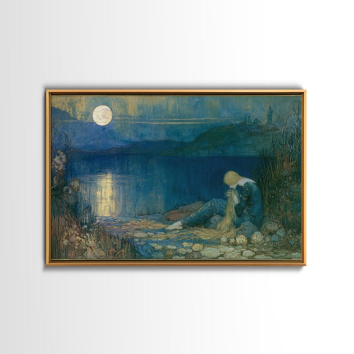 Mermaid Combing Hair Beneath a Pearl Moon Canvas Print, Fairy Tale Art, Painting, Living Room Decor, Fine Art, Storybook, FTA-3x2-88
