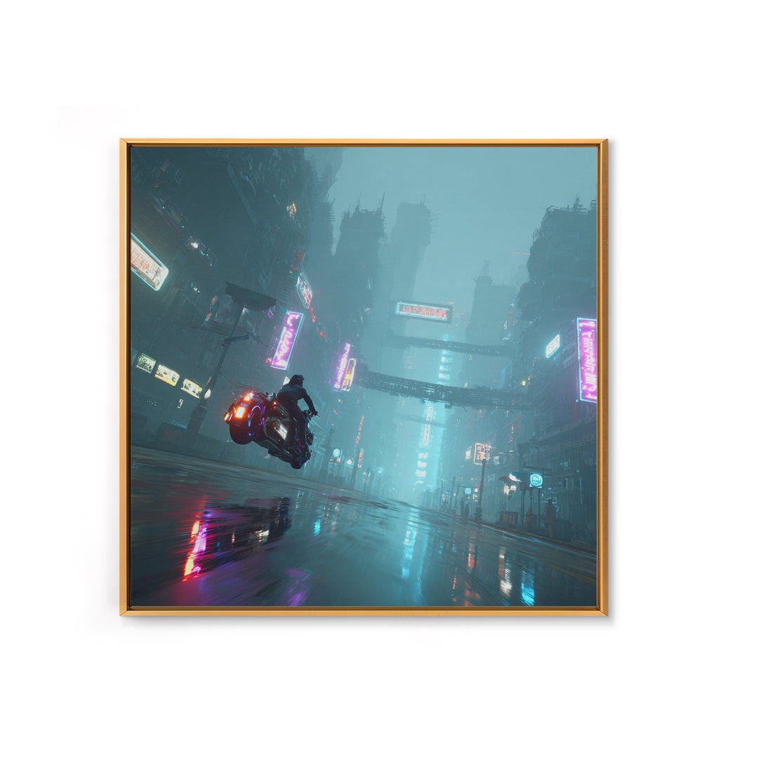 High Speed Hover Bike Trail of Light Framed Canvas Print, Futuristic Art, Cyberpunk Decor, Living Room Decor, Fine Art, Future, FUT-1x1-68