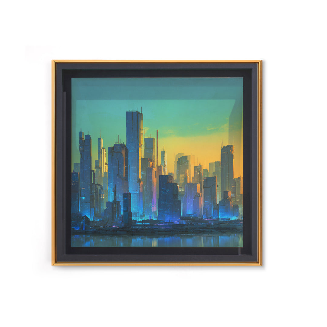 Sleek Chrome City Skyline Framed Canvas Print, Futuristic Art, Modern Wall Art, Living Room Decor, Abstract Art, Future, FUT-1x1-73