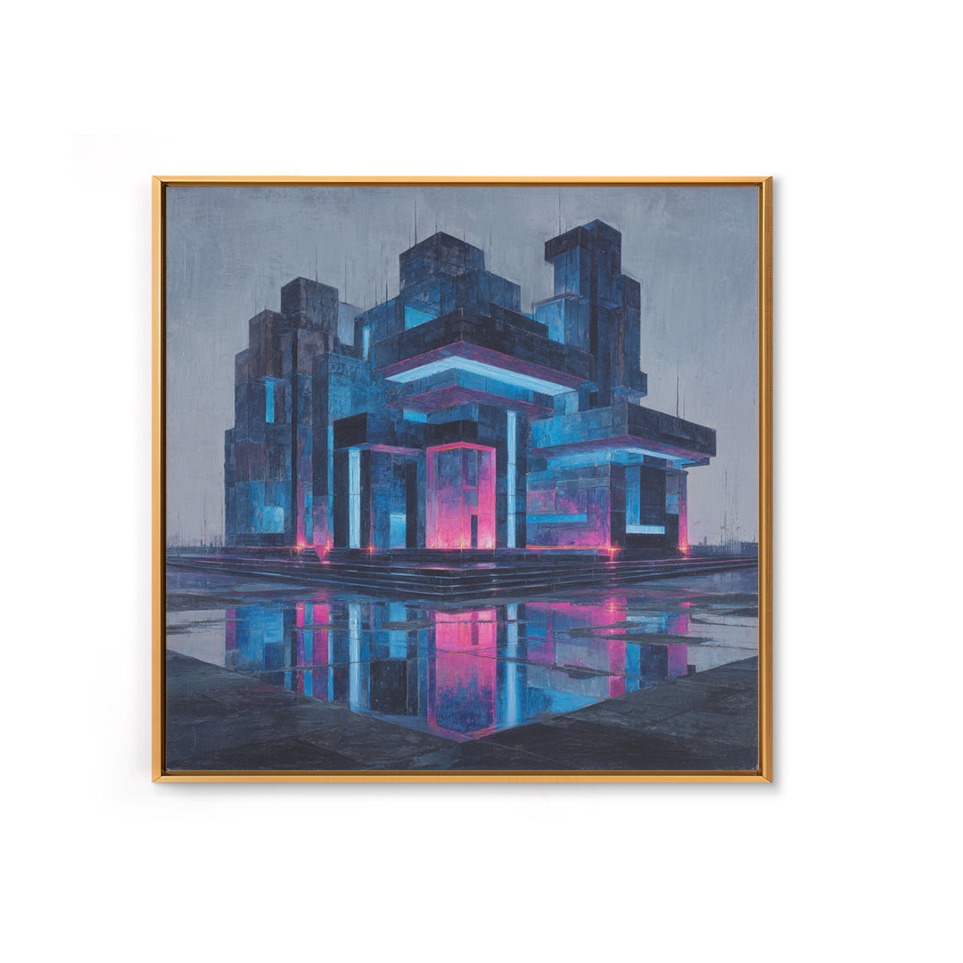 White and Blue Utopian Megastructure Framed Canvas Print, Futuristic Art, Living Room Decor, Abstract Art, Future, FUT-1x1-84