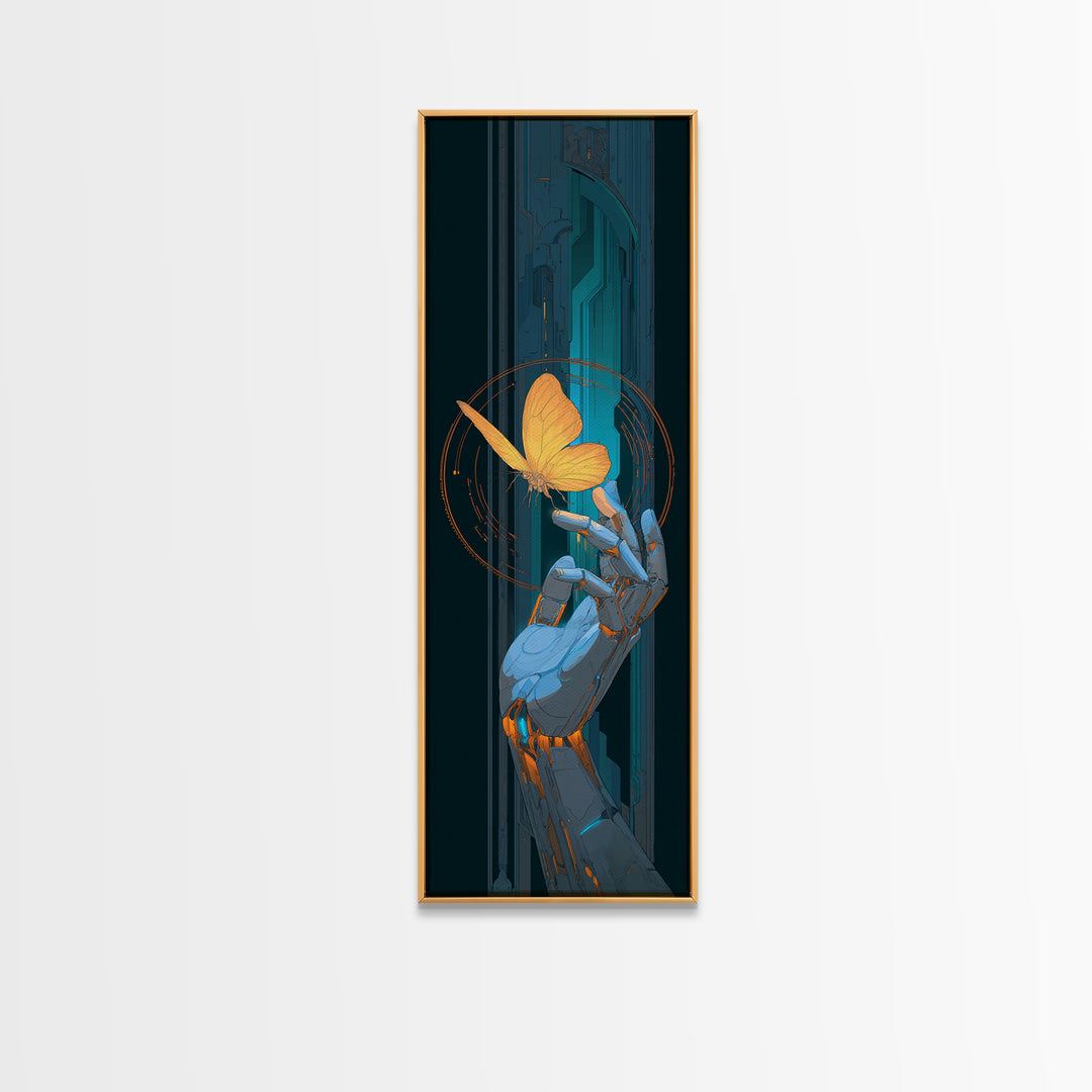 Robotic Hand Holding a Delicate Butterfly Framed Canvas Print, Futuristic Art, Colorful Wall Art, Living Room Decor, Future, FUT-1x3-20