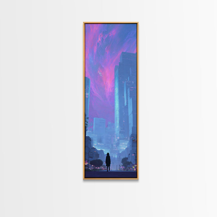 Digital Aurora Above a Clean White City Framed Canvas Print, Futuristic Art, Digital Poster, Living Room Decor, Future, FUT-1x3-36