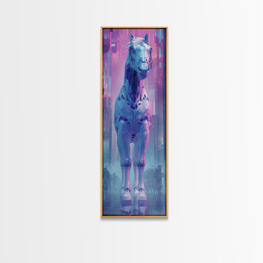 Cybernetic Horse in a Luminous Field Canvas Print, Futuristic Art, Digital Art, Living Room Decor, Future, Landscape Art, FUT-1x3-49