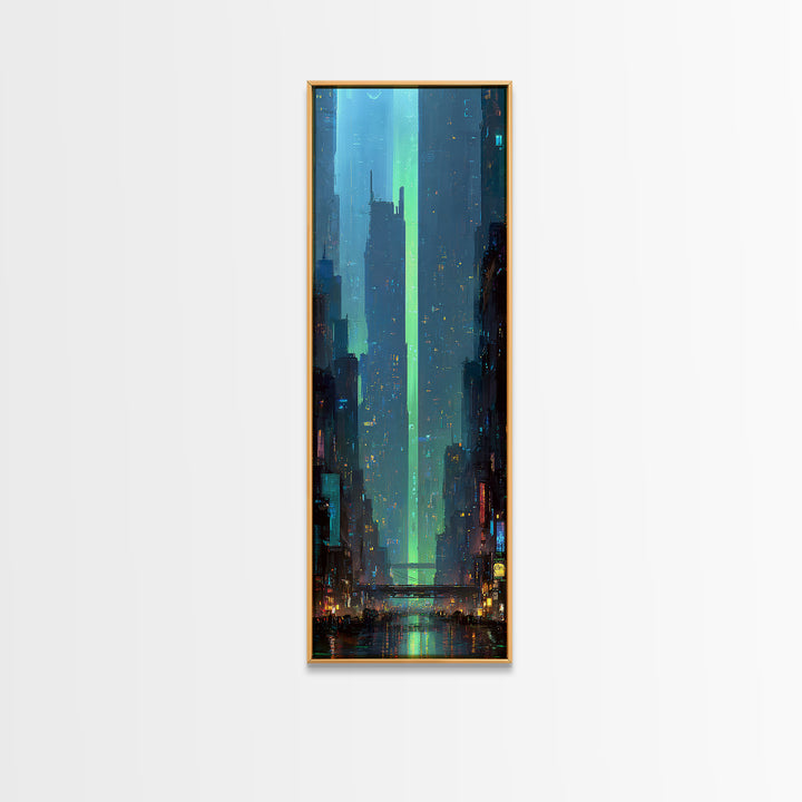 Digital Aurora Above a Clean White City Canvas Print, Futuristic Art, Eclectic Home Decor, Living Room Decor, Abstract Art, FUT-1x3-60