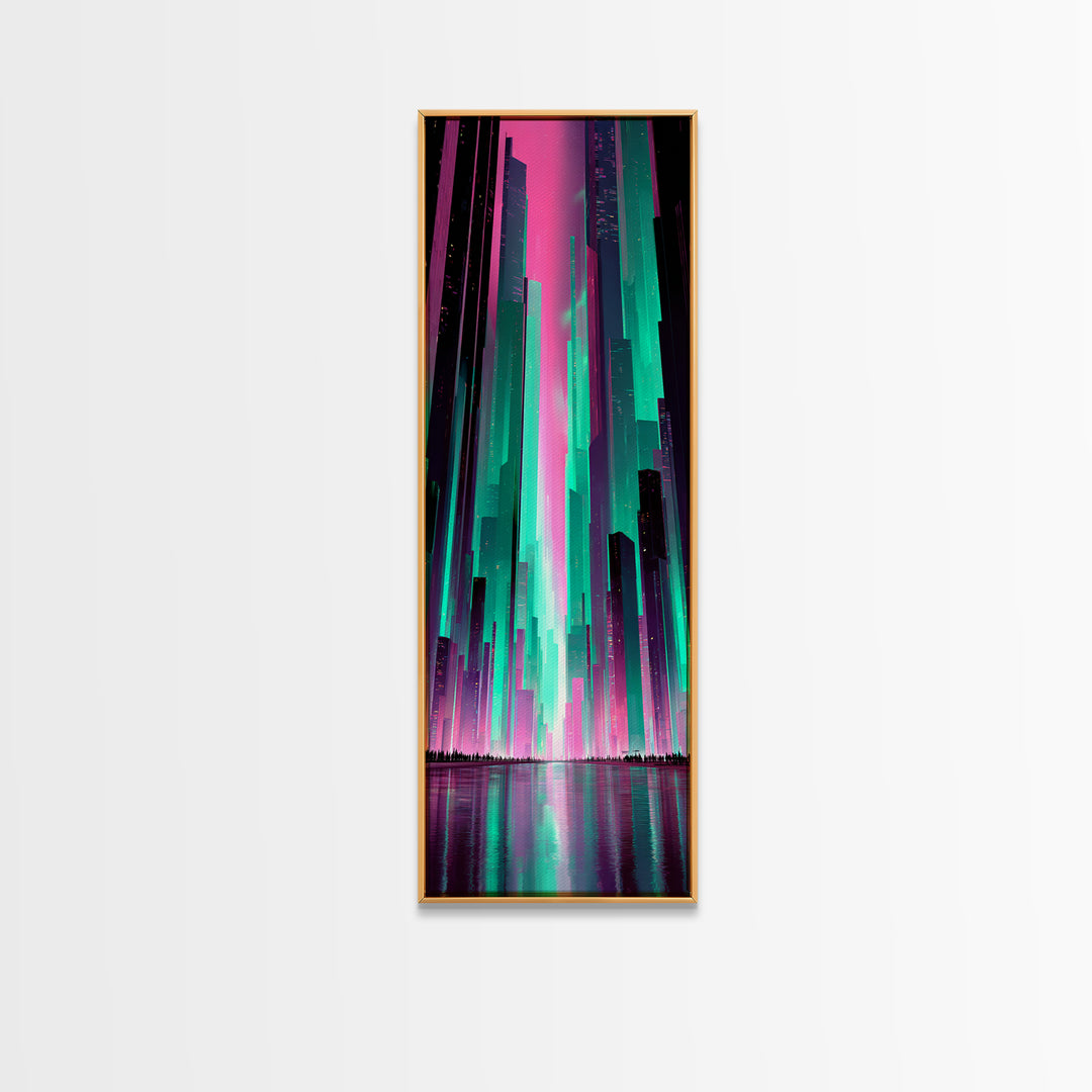 Digital Aurora Above a Clean White City Framed Canvas Print, Futuristic Art, Statement Artwork, Living Room Decor, Future, FUT-1x3-84