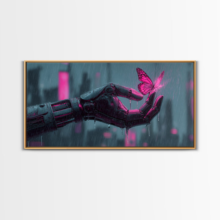 Robotic Hand Holding a Delicate Butterfly Framed Canvas Print, Futuristic Art, Unique Home Decor, Living Room Decor, Future, FUT-2x1-100