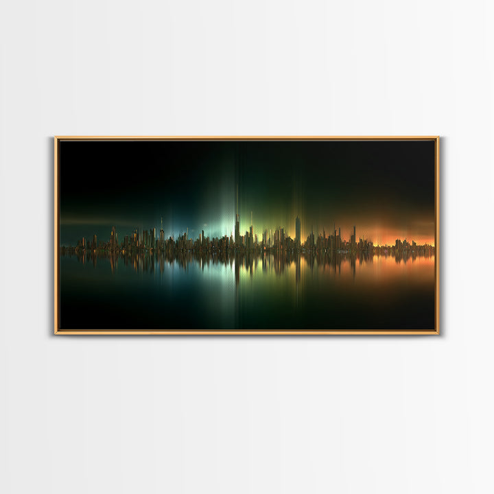 Sleek Chrome City Skyline Framed Canvas Print, Futuristic Art, Contemporary Art, Living Room Decor, Fine Art, Future, FUT-2x1-45