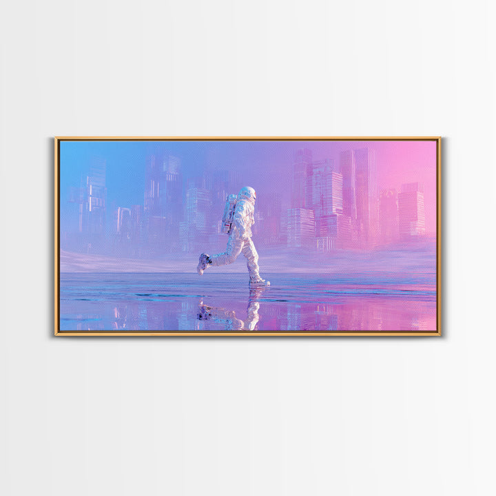 Silver Astronaut Walking Through Neon Desert Canvas Print, Futuristic Art, Victorian Decor, Living Room Decor, Fine Art, Future, FUT-2x1-49