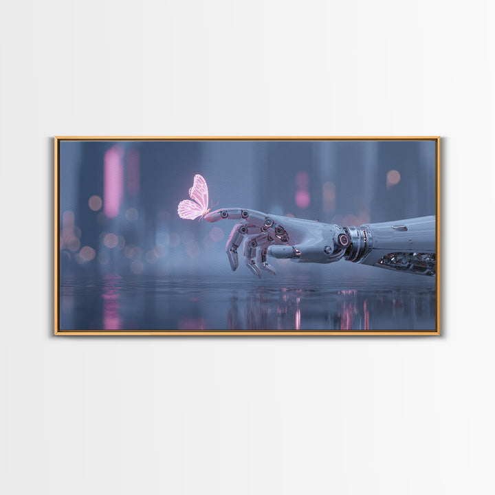 Robotic Hand Holding a Delicate Butterfly Canvas Print, Futuristic Art, Mid Century Modern, Living Room Decor, Fine Art, Future, FUT-2x1-52