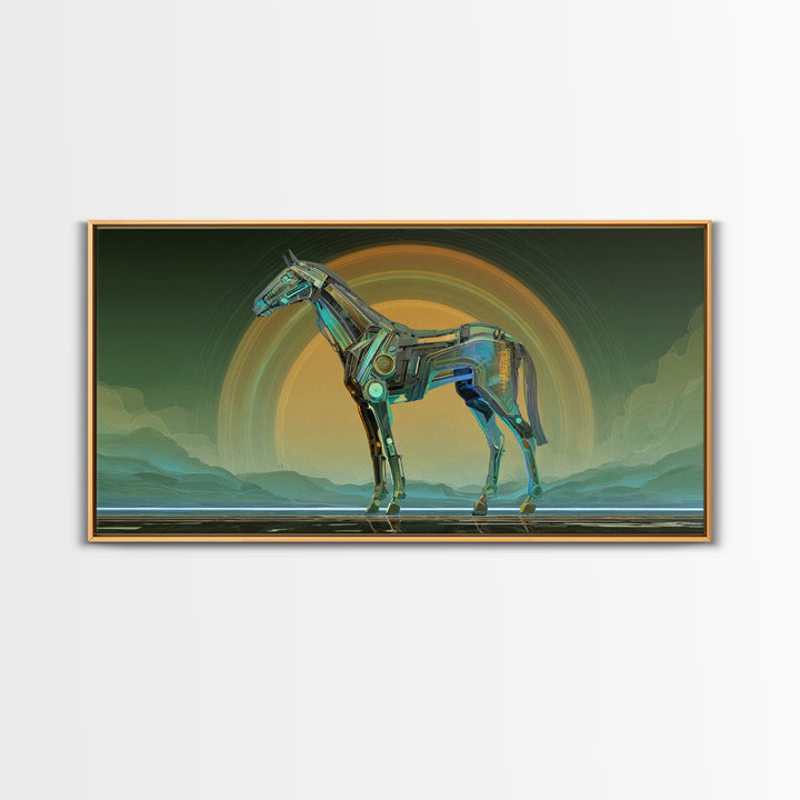 Cybernetic Horse in a Luminous Field Canvas Print, Futuristic Art, Digital Poster, Living Room Decor, Fine Art, Future, FUT-2x1-57