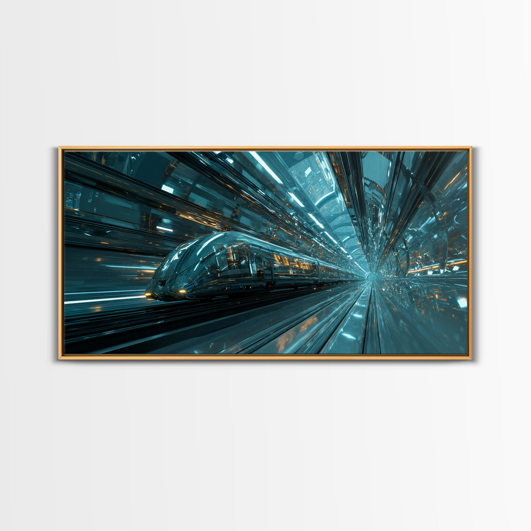 Transparent Train Speeding Through Light Tunnels Canvas Print, Futuristic Art, Fine Art Print, Living Room Decor, Future, FUT-2x1-79