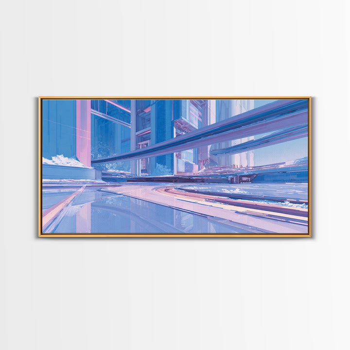 White and Blue Utopian Megastructure Framed Canvas Print, Futuristic Art, Colorful Wall Art, Living Room Decor, Future, FUT-2x1-80