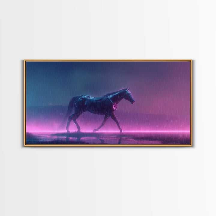 Cybernetic Horse in a Luminous Field Framed Canvas Print, Futuristic Art, Eclectic Home Decor, Living Room Decor, FUT-2x1-81