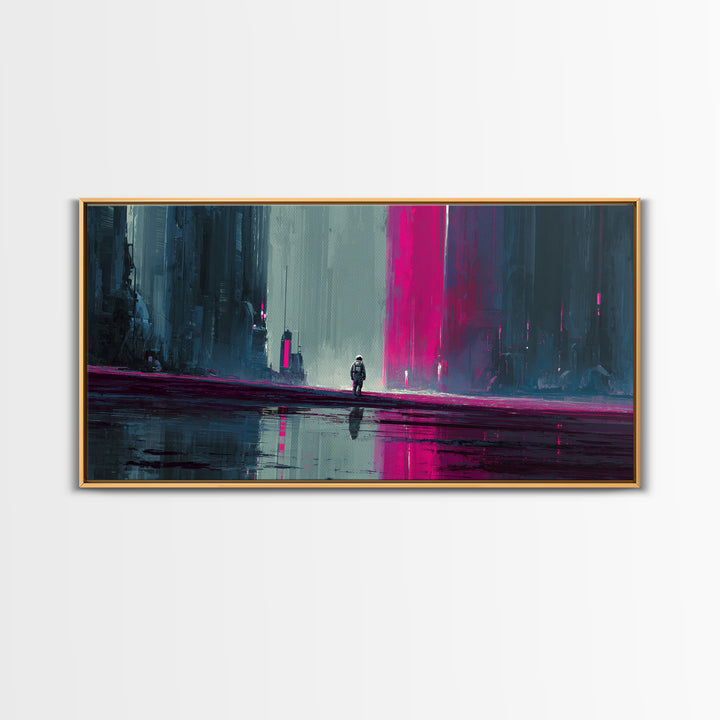Silver Astronaut Walking Through Neon Desert Framed Canvas Print, Futuristic Art, Modern Decor, Living Room Decor, Future, FUT-2x1-97