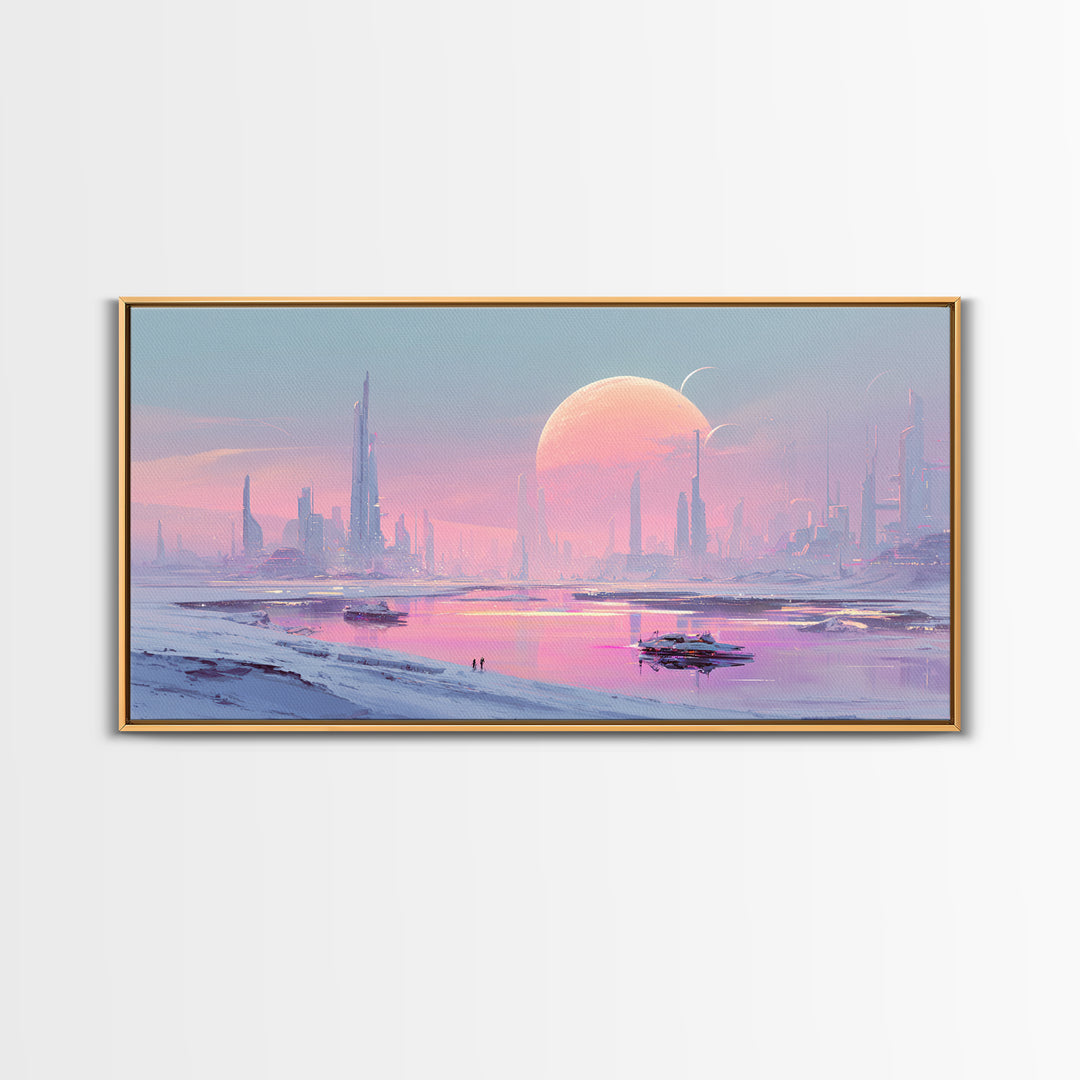 Minimal Spacecraft over a Clean Planet Horizon Canvas Print, Futuristic Art, Contemporary Art, Living Room Decor, Future, FUT-2x1-99