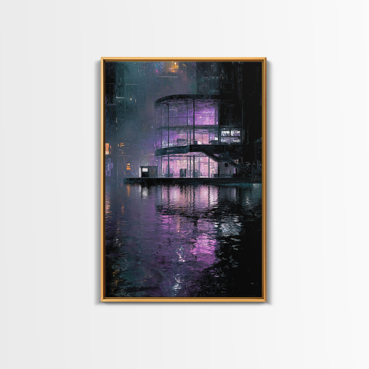 Floating Glass Architecture Above Reflective Water Canvas Print, Futuristic Art, Neutral Decor, Living Room Decor, Future, FUT-2x3-35