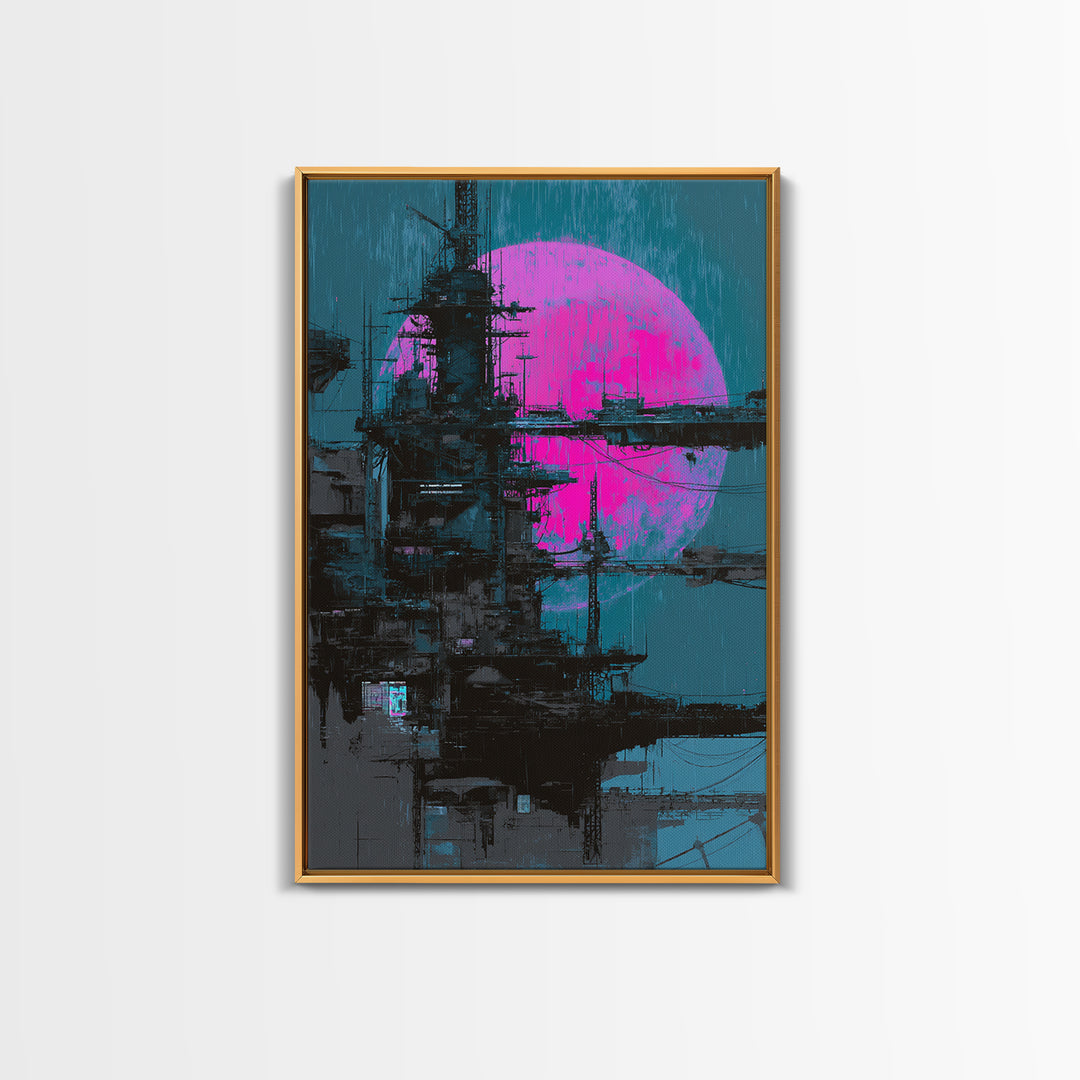 Moon Colony Silhouette Framed Canvas Print, Futuristic Art, Modern Wall Decor, Living Room Decor, Oil Painting, Future, FUT-2x3-53