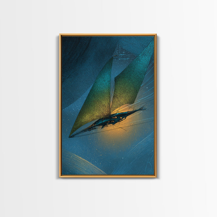 Solar Sail Ship Crossing Star Filled Space Framed Canvas Print, Futuristic Art, Statement Artwork, Living Room Decor, Future, FUT-2x3-73