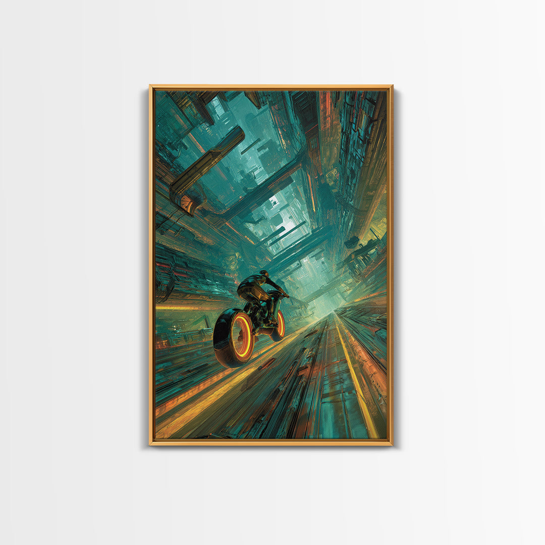 High Speed Hover Bike Trail of Light Framed Canvas Print, Futuristic Art, Room Decor, Living Room Decor, Fine Art, Future, FUT-2x3-76