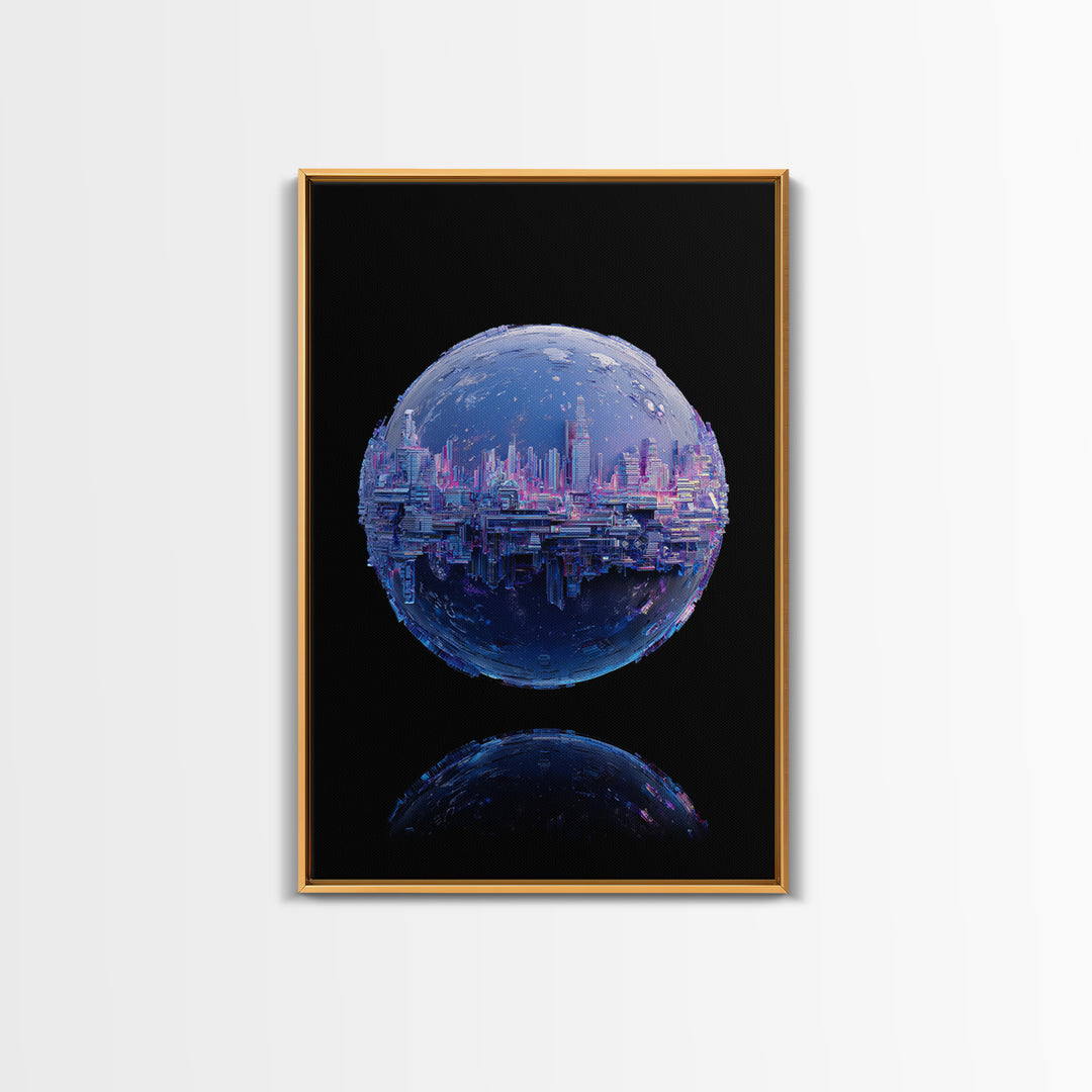 Orbital City Ring Around a Blue Planet Framed Canvas Print, Futuristic Art, Unique Home Decor, Living Room Decor, Future, FUT-2x3-90
