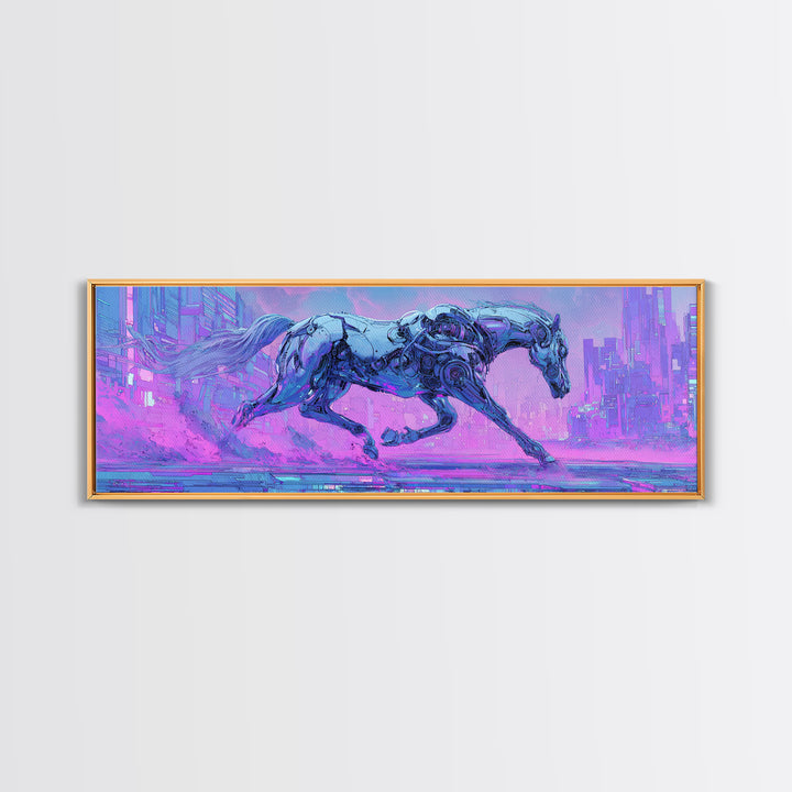 Cybernetic Horse in a Luminous Field Framed Canvas Print, Futuristic Art, Eclectic Home Decor, Living Room Decor, FUT-3x1-5