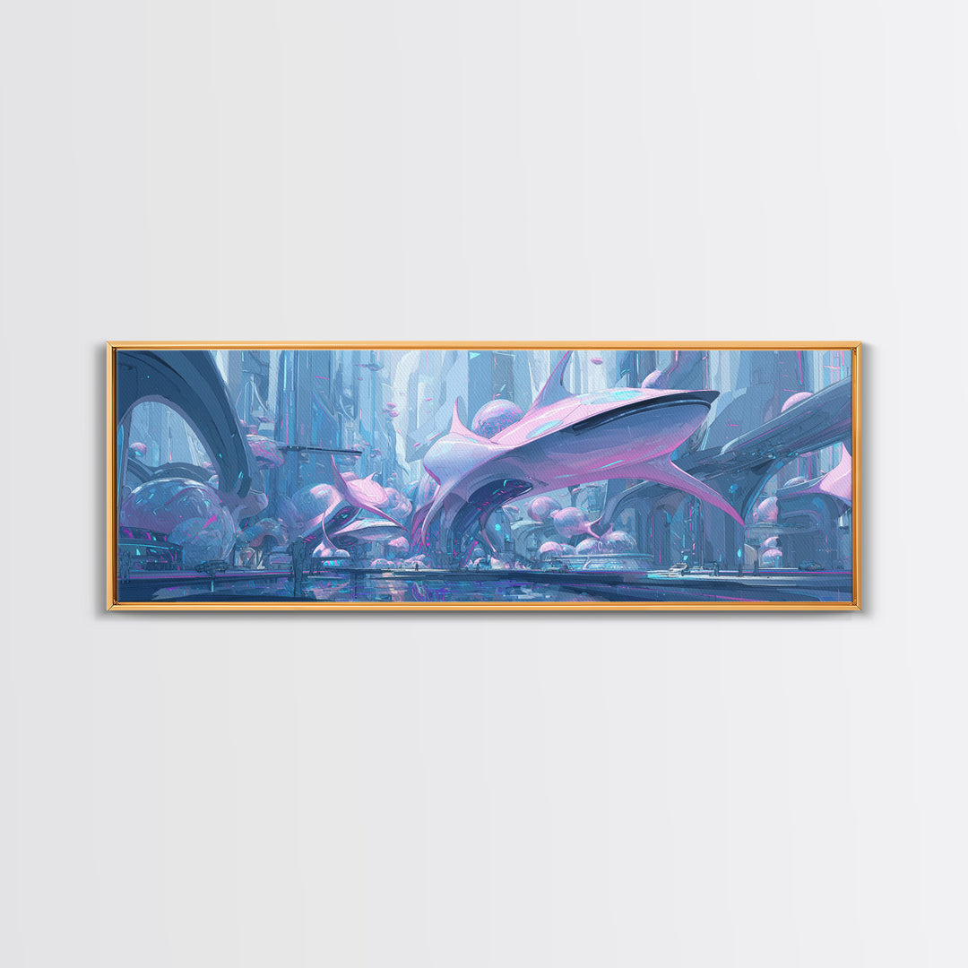 Future Ocean Lab Framed Canvas Print, Futuristic Art, Ai Art, Living Room Decor, Oil Painting, Future, Digital Poster, FUT-3x1-55