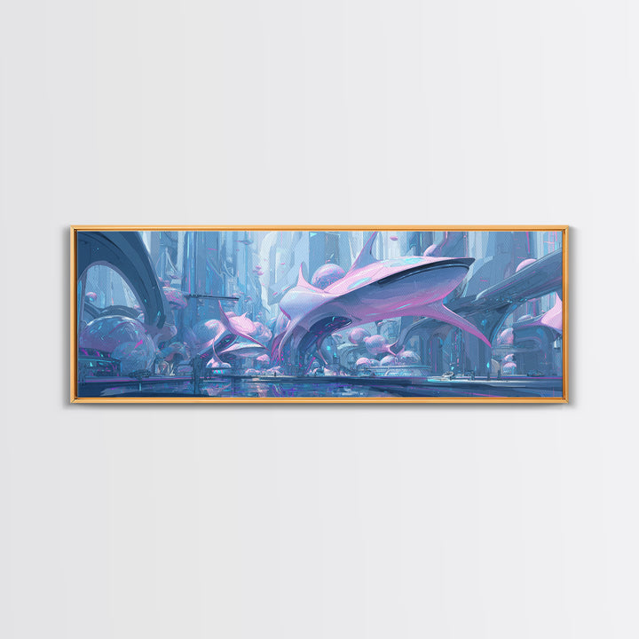 Future Ocean Lab Framed Canvas Print, Futuristic Art, Ai Art, Living Room Decor, Oil Painting, Future, Digital Poster, FUT-3x1-55