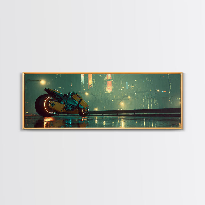 High Speed Hover Bike Trail of Light Framed Canvas Print, Futuristic Art, Textured Painting, Living Room Decor, Future, FUT-3x1-60