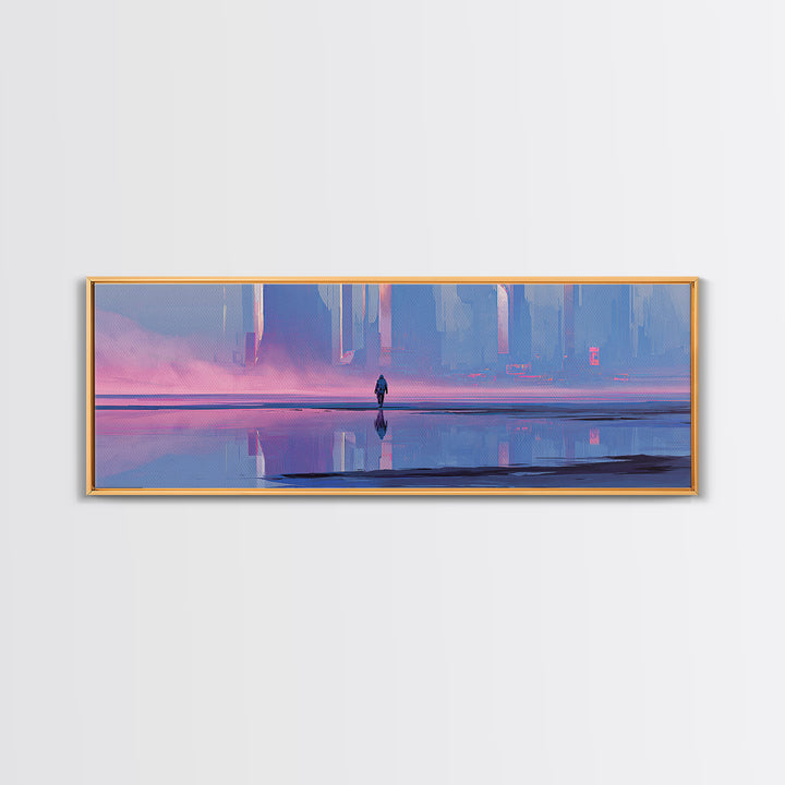 Silver Astronaut Walking Through Neon Desert Canvas Print, Futuristic Art, Canvas Wall Art, Living Room Decor, Oil Painting, FUT-3x1-93