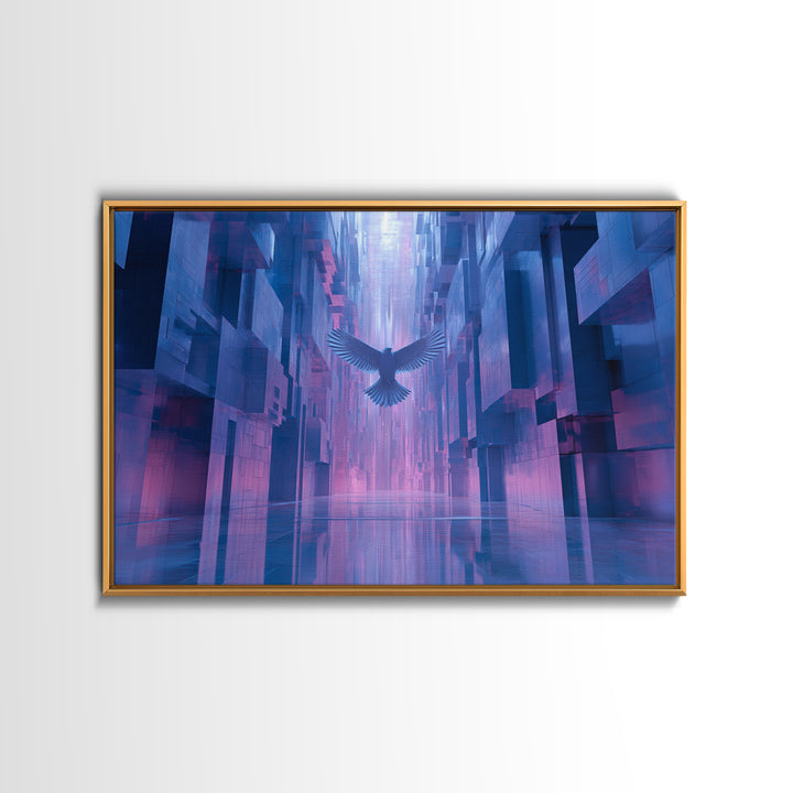 Futurist Bird Made of Panels and Light Framed Canvas Print, Futuristic Art, Steampunk Decor, Living Room Decor, Future, FUT-3x2-2