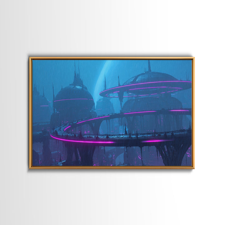 Orbital City Ring Around a Blue Planet Canvas Print, Futuristic Art, Modern Wall Decor, Living Room Decor, Fine Art, Future, FUT-3x2-38