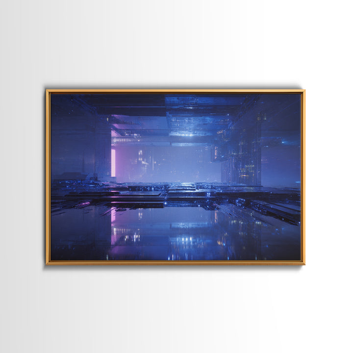 White and Blue Utopian Megastructure Framed Canvas Print, Futuristic Art, Mid Century Modern, Living Room Decor, Oil Painting, FUT-3x2-40