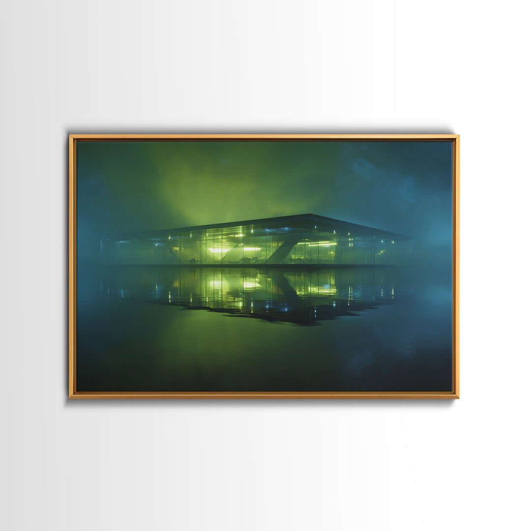 Floating Glass Architecture Above Reflective Water Canvas Print, Futuristic Art, Luxury Decor, Living Room Decor, Future, FUT-3x2-55