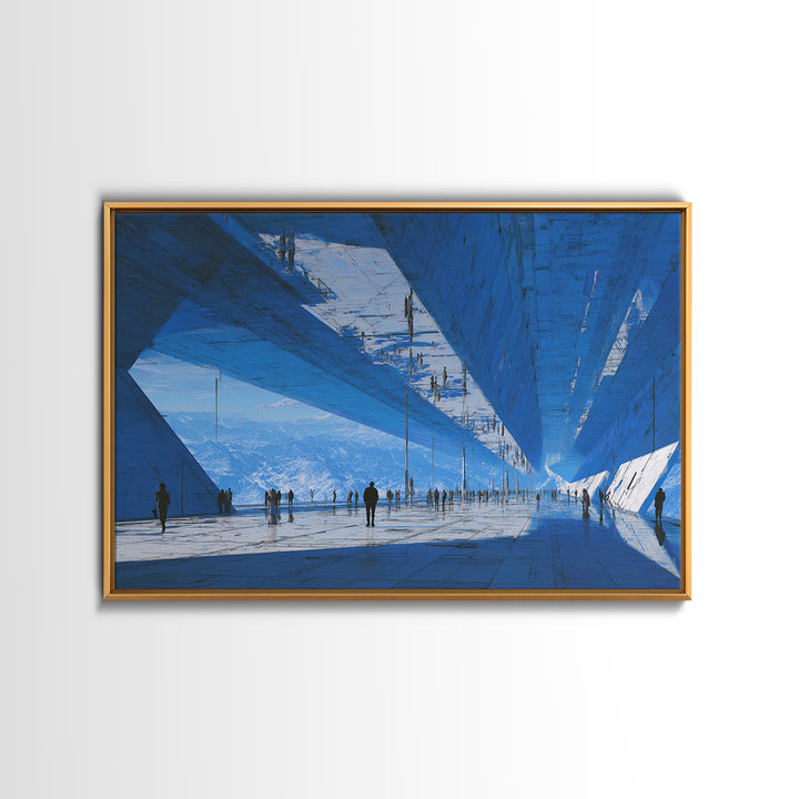 White and Blue Utopian Megastructure Framed Canvas Print, Futuristic Art, Landscape Art, Living Room Decor, Abstract Art, FUT-3x2-64
