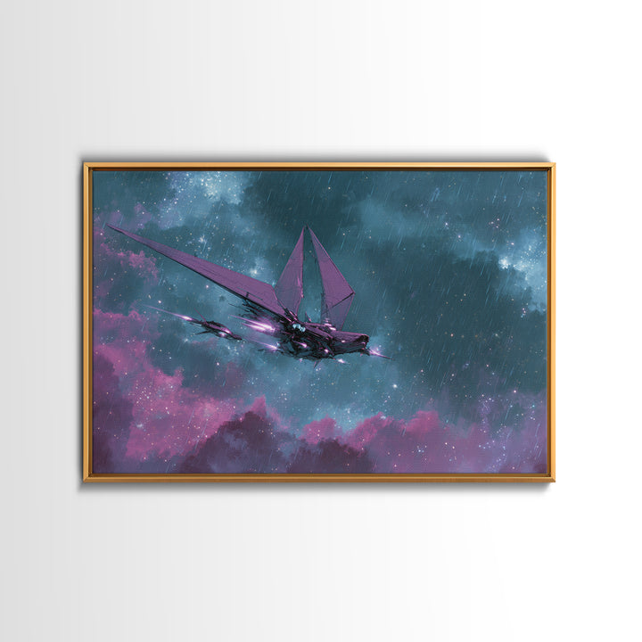 Solar Sail Ship Crossing Star Filled Space Framed Canvas Print, Futuristic Art, Digital Art, Living Room Decor, Future, FUT-3x2-69