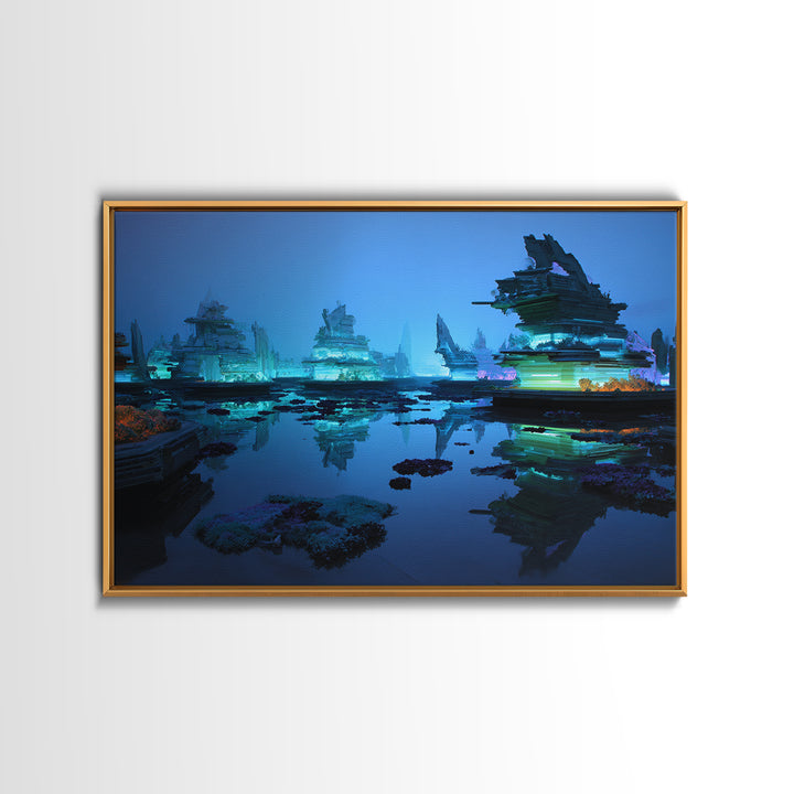 Bioluminescent Garden in a Future Habitat Framed Canvas Print, Futuristic Art, Minimalist Decor, Living Room Decor, Future, FUT-3x2-8