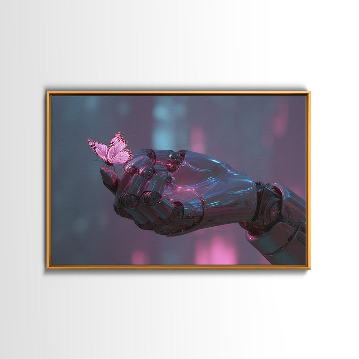 Robotic Hand Holding a Delicate Butterfly Canvas Print, Futuristic Art, Digital Poster, Living Room Decor, Fine Art, Future, FUT-3x2-84