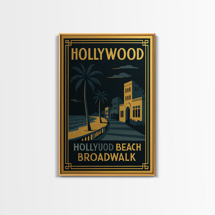 Hollywood Florida Travel Poster, Canvas Print, Gold Art Deco Wall Art, Hollywood City Art, Retro Travel Print, Travel Print, Wall Art