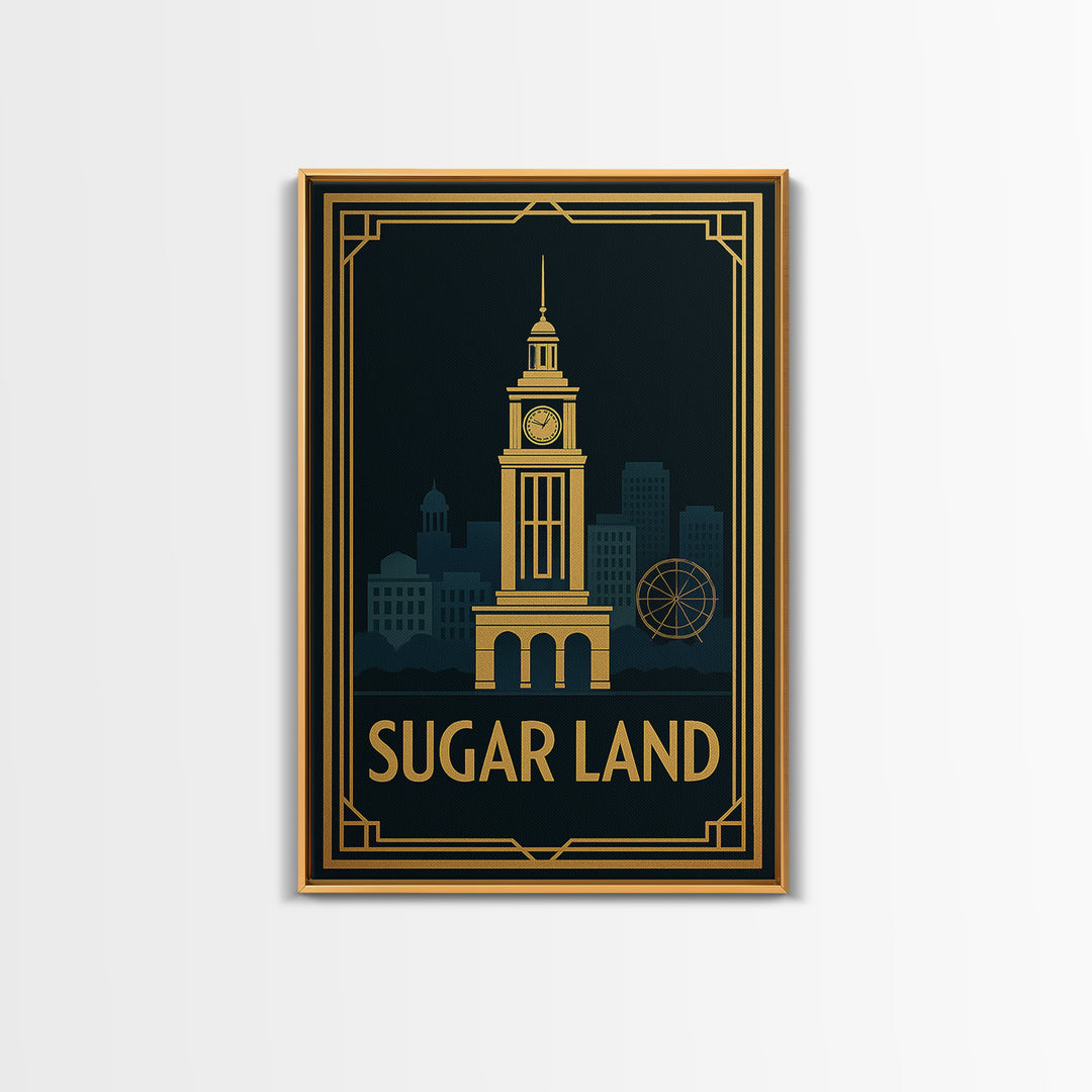 Sugar Land Travel Poster, Canvas Print, Black Gold City Wall Art, Sugar Land Art Print, Retro Travel Print, Watercolor Downtown Skyline