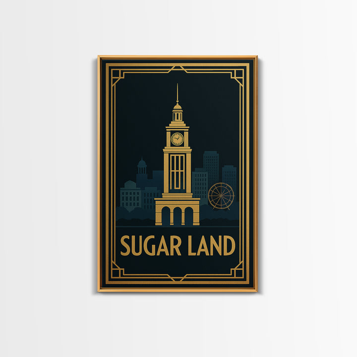 Sugar Land Travel Poster, Canvas Print, Black Gold City Wall Art, Sugar Land Art Print, Retro Travel Print, Watercolor Downtown Skyline