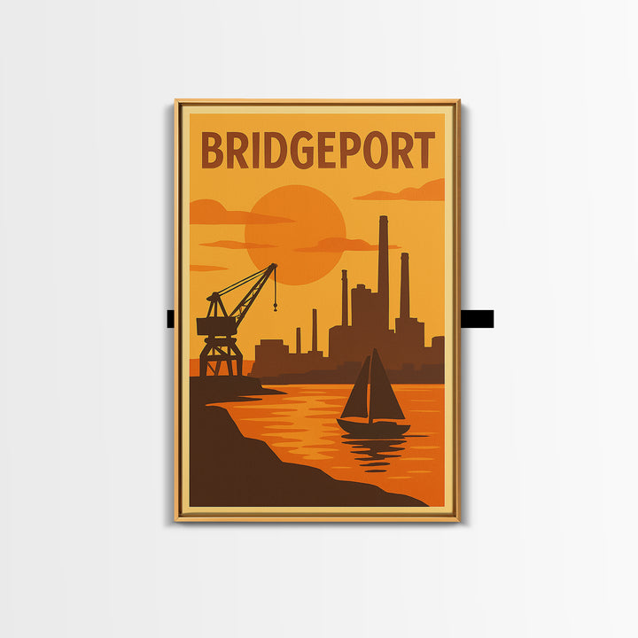 Bridgeport Connecticut Travel Poster, Canvas Print, Warm Sunset Silhouette Art, Bridgeport City Art, Travel Print, Watercolor Skyline Art
