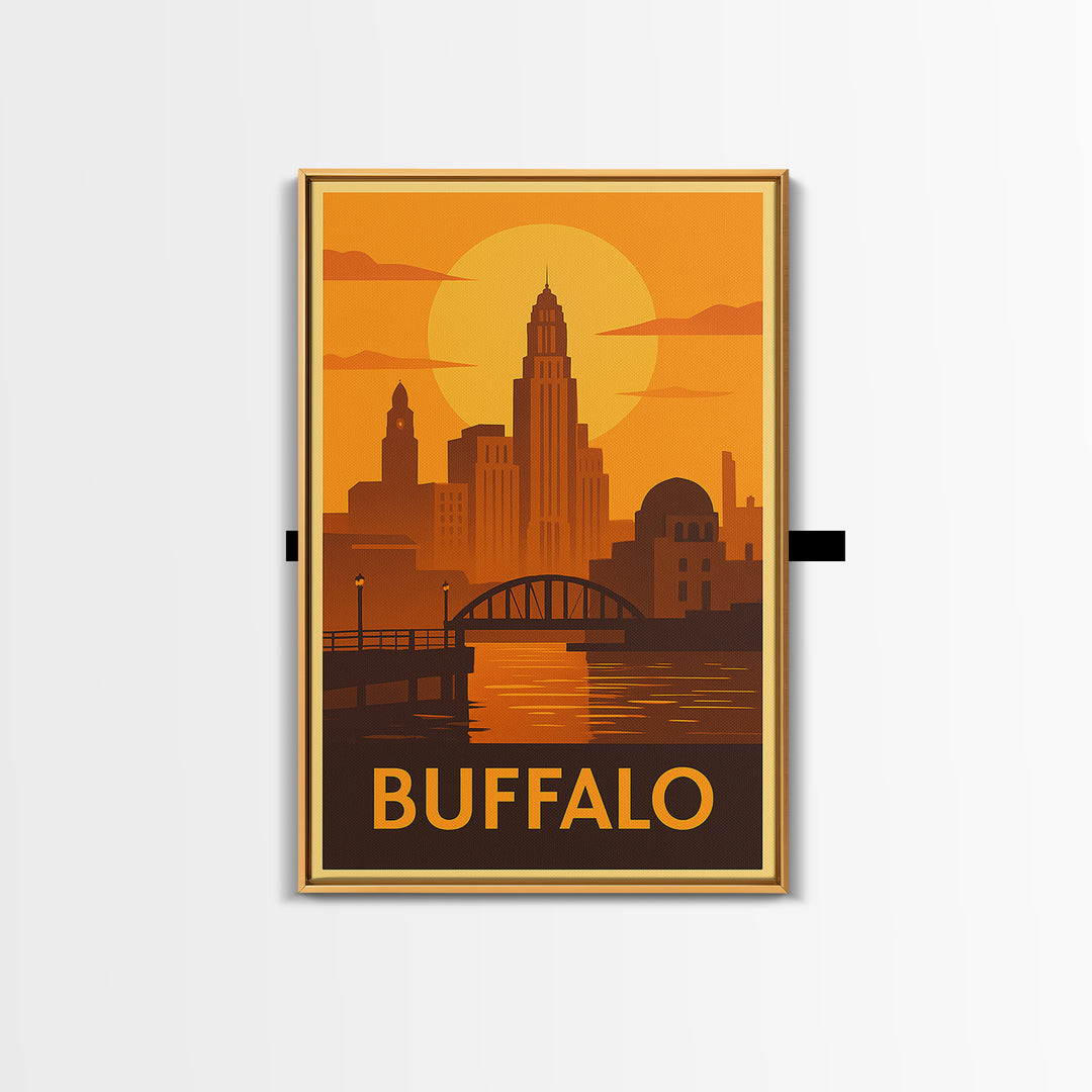 Buffalo Travel Poster, Framed Canvas Print, Golden Travel Poster Art, Buffalo Travel Art, Home Office Decor, Watercolor Skyline