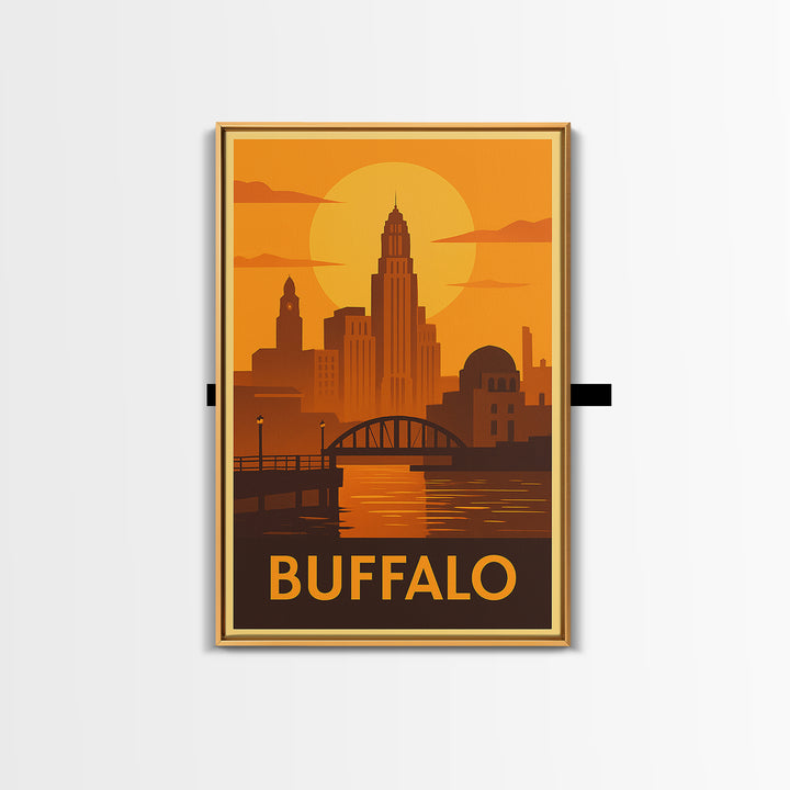 Buffalo Travel Poster, Framed Canvas Print, Golden Travel Poster Art, Buffalo Travel Art, Home Office Decor, Watercolor Skyline